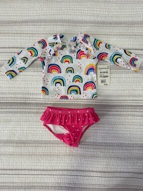 Tucker + Tate White Rainbow Rash Guard & Pink Polka Dot Bikini Bottom